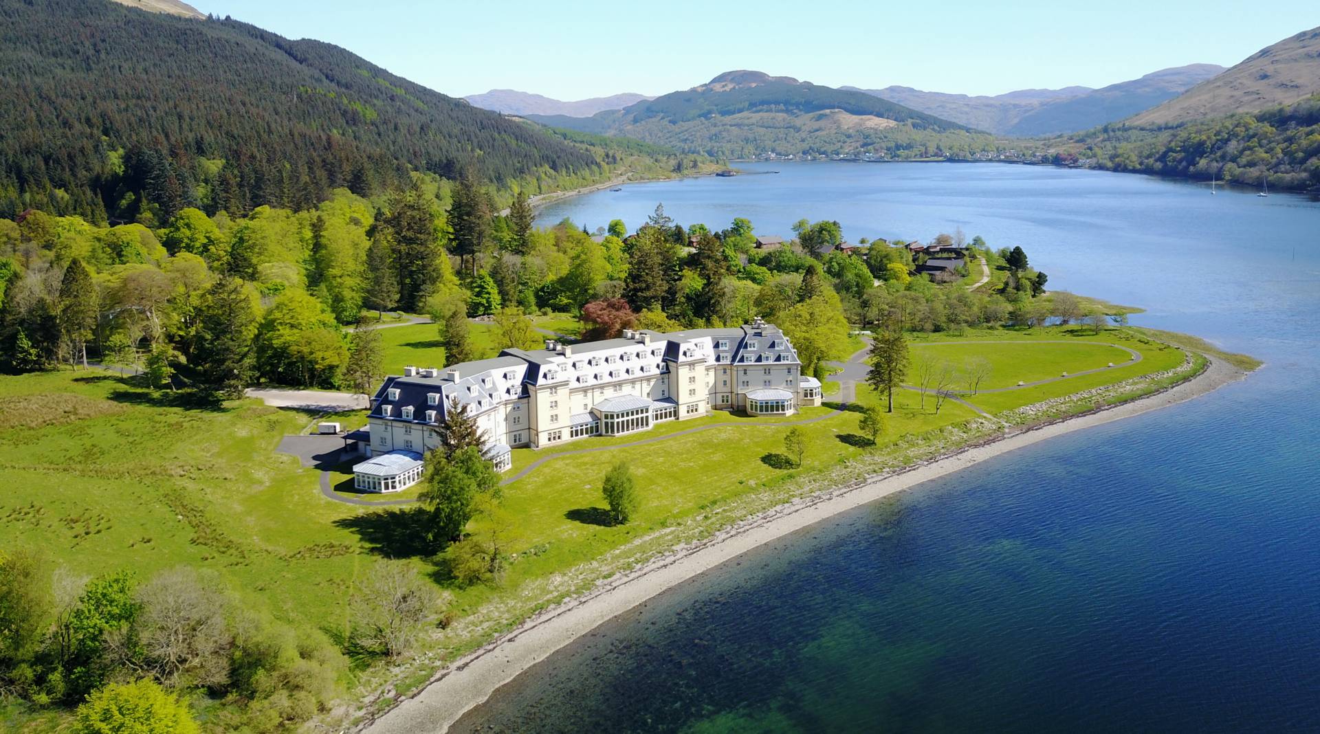 View Ardgartan Hotel from the sky in this ariel picturesque Scottish landscapes